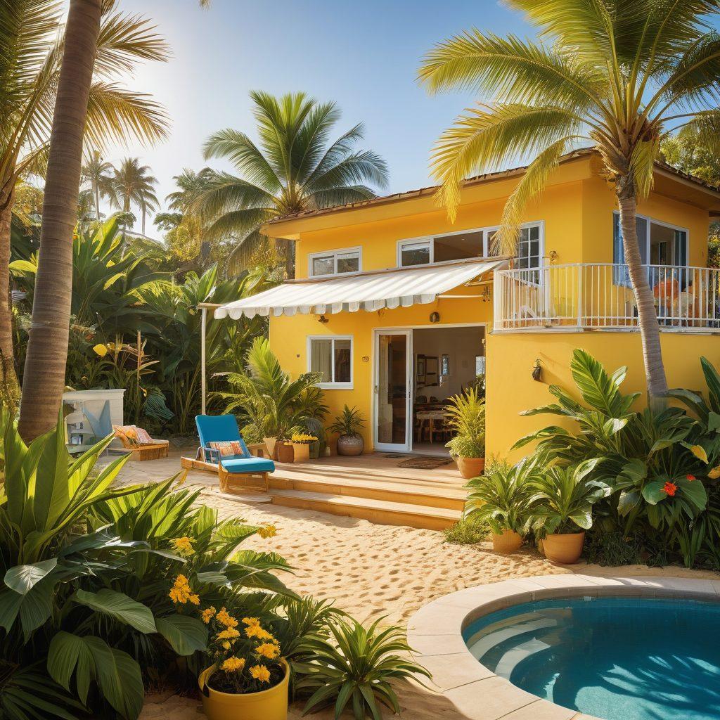 A picturesque holiday home beside a serene beach, with swimwear hanging on a clothesline and children playing in the sand. The sun is shining brightly, casting a warm glow over the scene, while tropical plants surround the house, adding a lush feel. In the background, a family is seen enjoying a barbecue, creating a joyful atmosphere. Vivid blues and warm yellows dominate the color palette. hyper-realistic. vibrant colors. sunny backdrop.