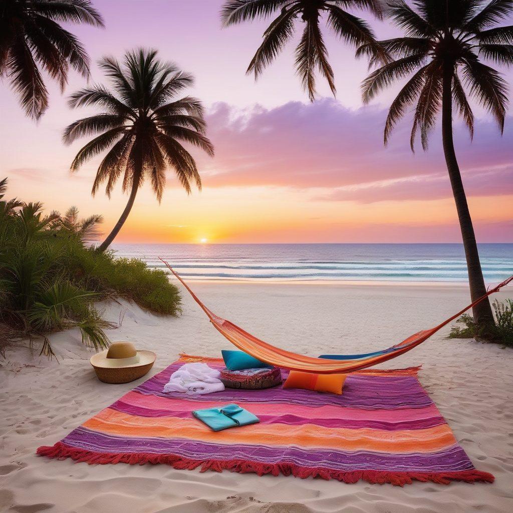 A serene beachfront scene showcasing a cozy, budget-friendly rental cottage with a stunning view of the ocean. Include a vibrant sunset casting warm colors over the gentle waves, palm trees swaying in the breeze, and a hammock between them for relaxation. Add a cute picnic setup on the sandy beach with a colorful blanket and beach accessories. super-realistic. vibrant colors. tranquil mood.