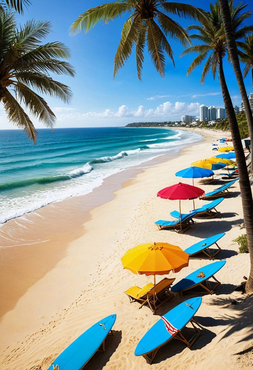 A stunning seaside view featuring luxurious yet affordable apartments with balconies overlooking the ocean, complemented by golden sandy beaches and palm trees swaying in the breeze. Bright, inviting colors and happy families enjoying their vacation together. Include surfboards and beach umbrellas for a playful touch. super-realistic. vibrant colors. 3D.